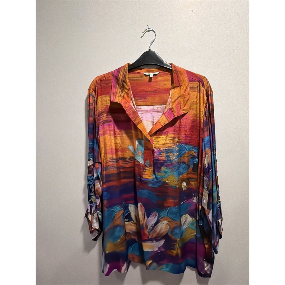 John Mark NWT 1X Mixed Floral Print Collared Neckline 3/4 Cinch Sleeve Tunic